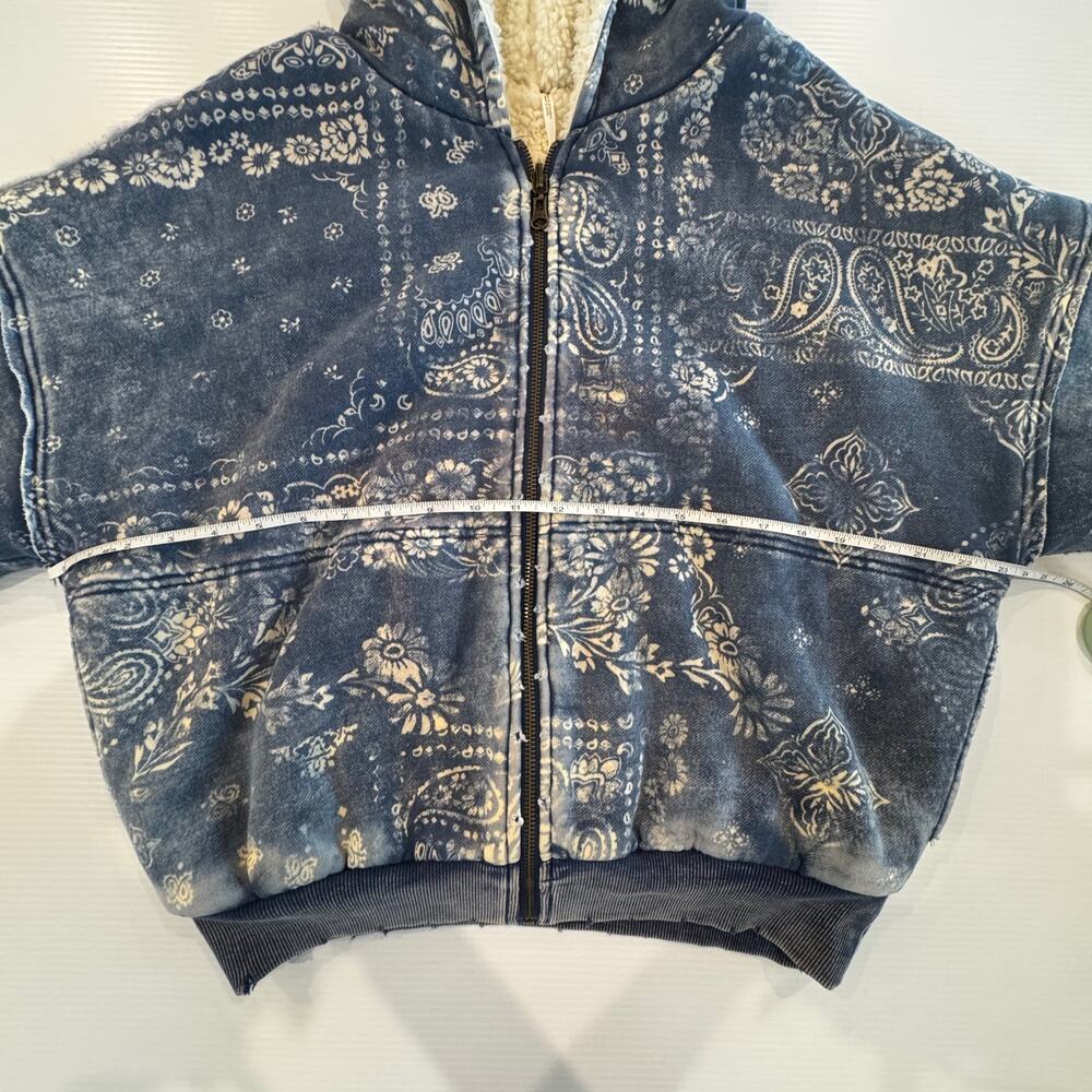 Free People Billie Jacket XS Blue Paisley Sherpa Lined Zip Hoodie Crop Oversized - Picture 12 of 16